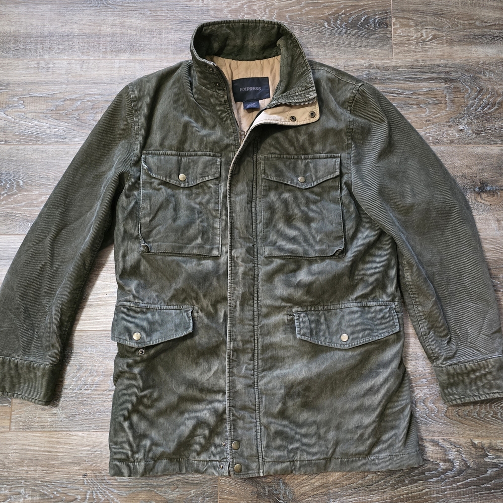 Rare Express Corduroy Jacket Mens Small Dark Green Coat Lined Dbl Zip Vintage